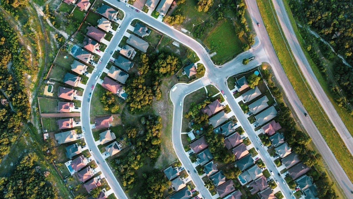 Aerial view of suburban neighborhood