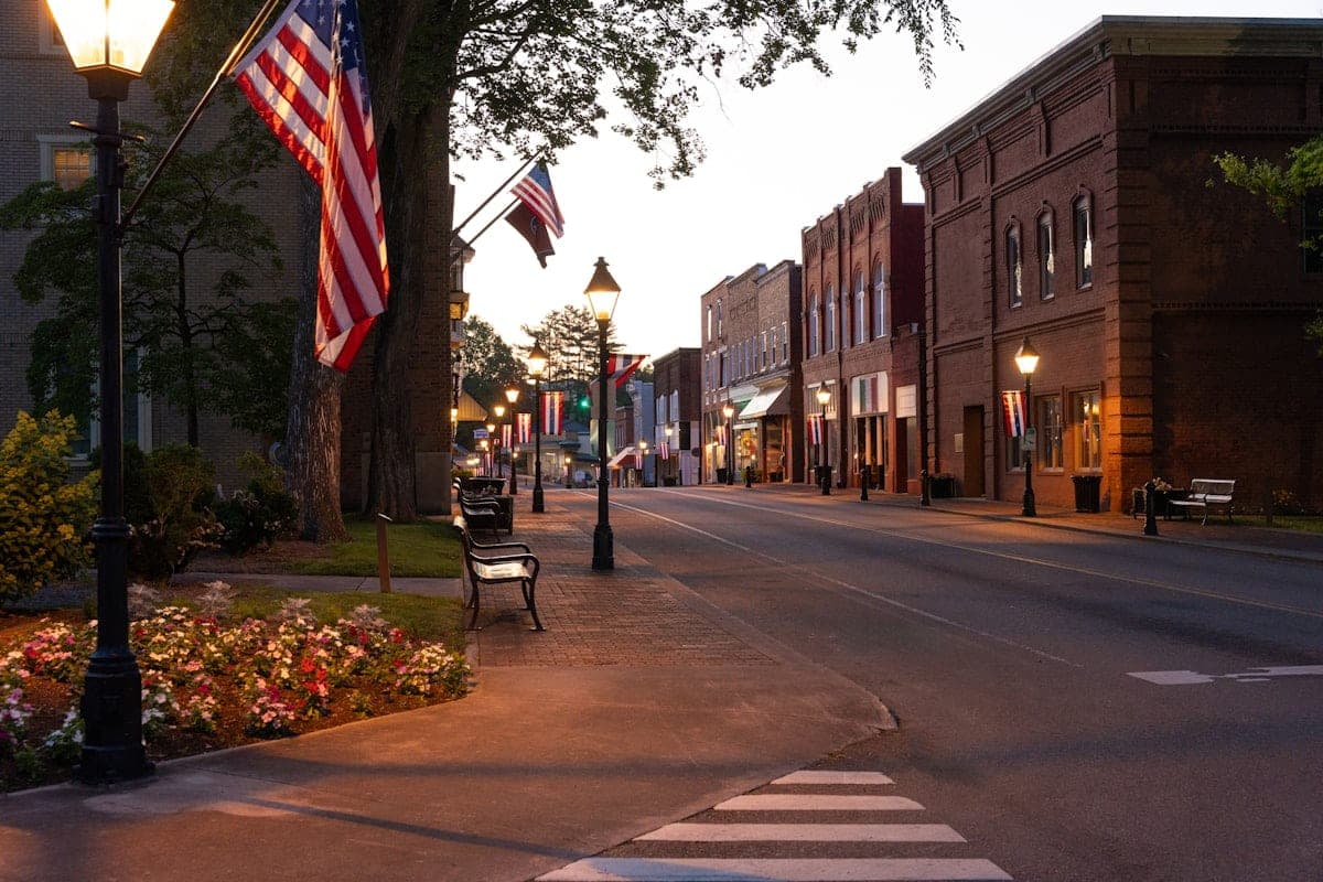 Small town main street at dusk